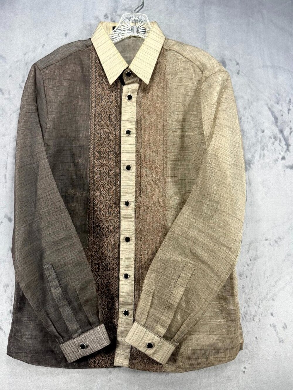 Onesimus - Men's Barong Tagalog Long Sleeve - Dual Color Brown/Beige - Large